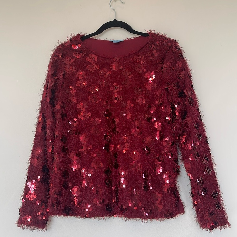 CeCe Burgundy Sequin Long-Sleeve Top